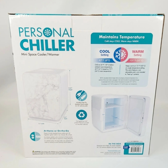 Mini Fridge Small Space Cooler Warmer 6 Can White Marble Finish Home Auto Beauty - Picture 6 of 12